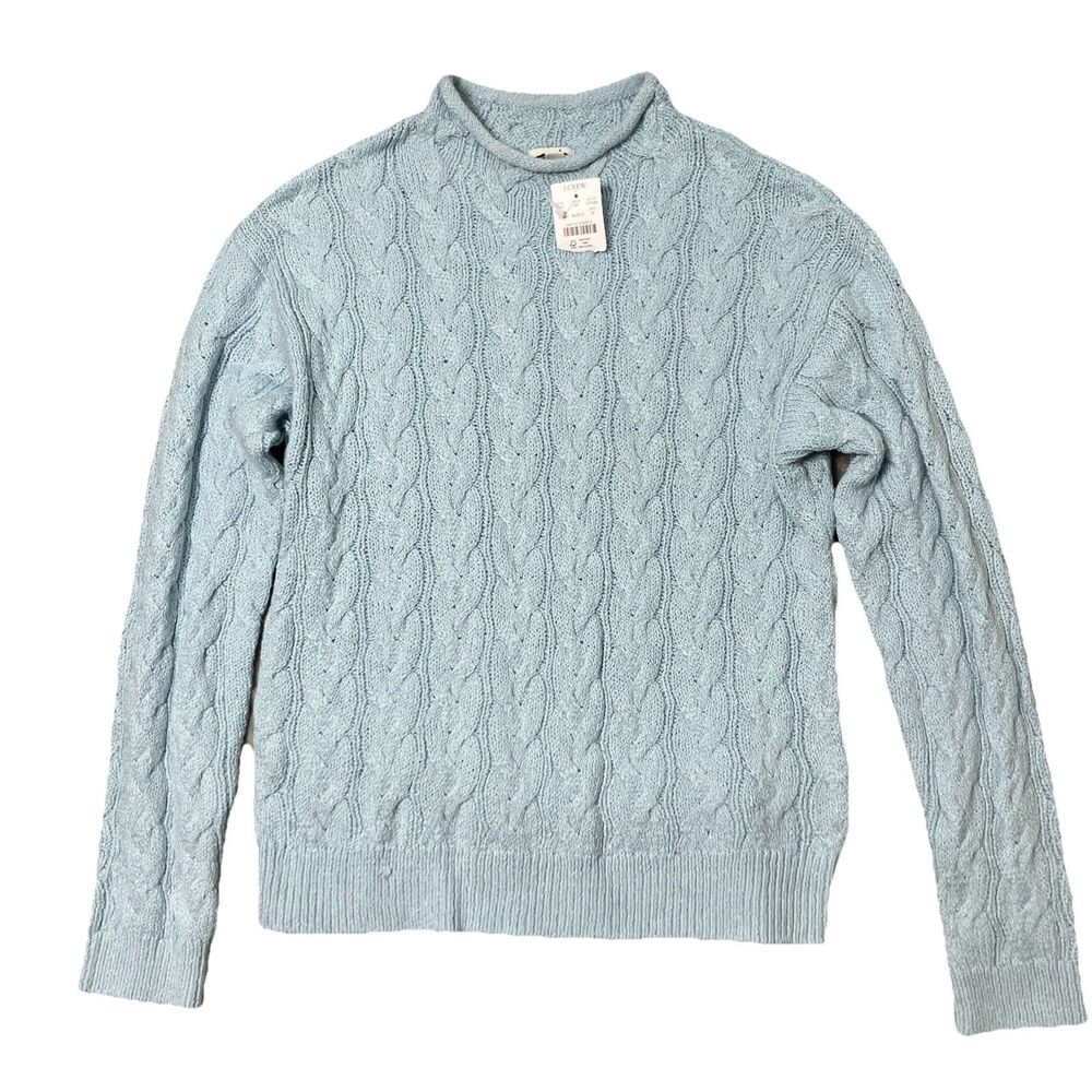 J CREW Rollneck Cableknit Sweater Womens M Light Blue Fisherman Coastal